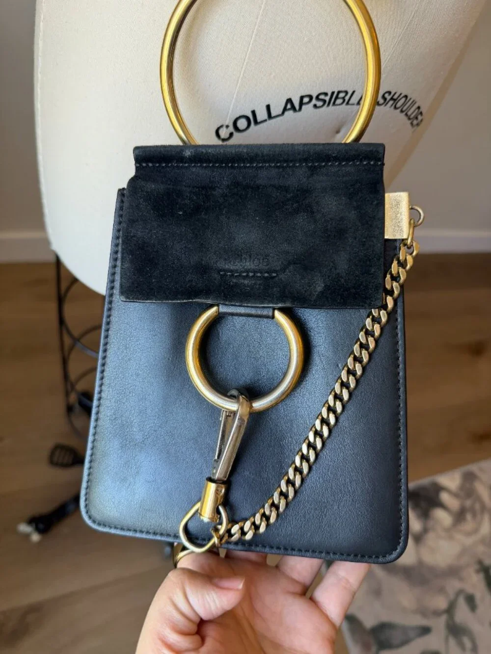 Chloe Faye Mini Bracelet Bag | Black Suede Leather Crossbody | Designer Purse